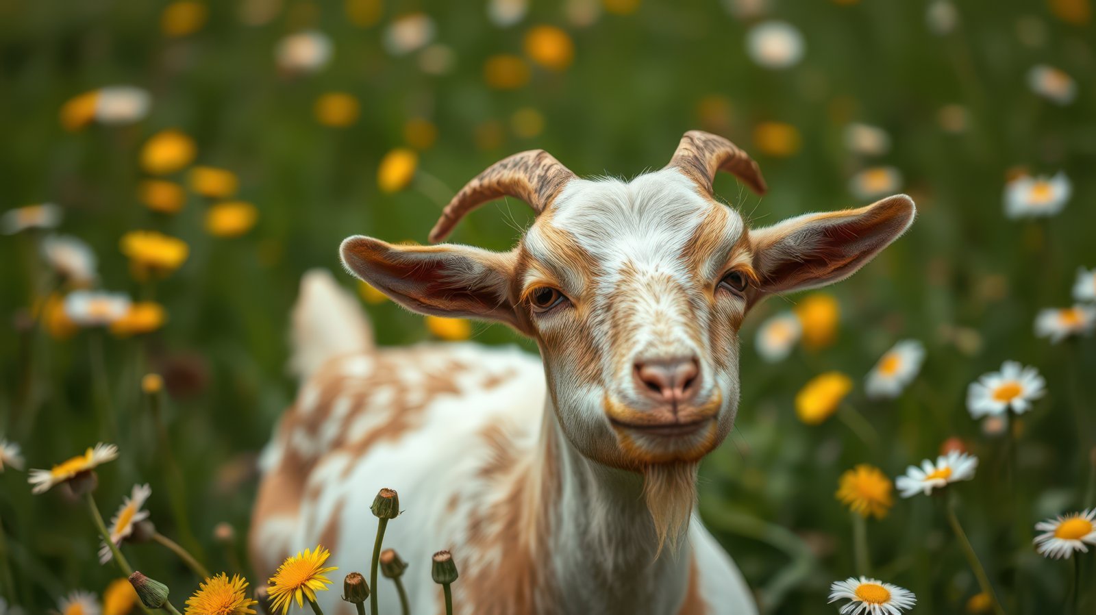 Goat standing among wildflowers in a sunny meadow, capturing a moment of tranquility and nature in springtime